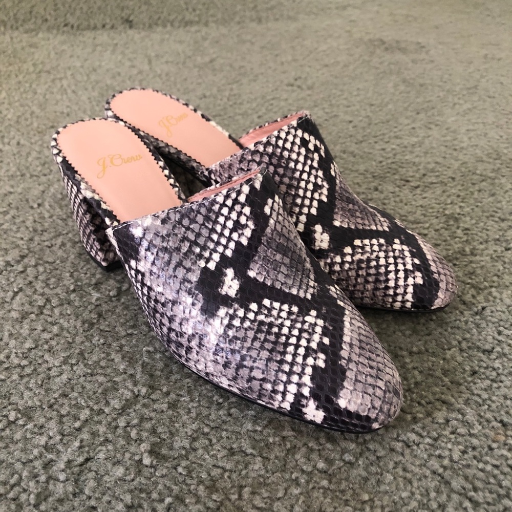 J.Crew snakeskin heeled mules